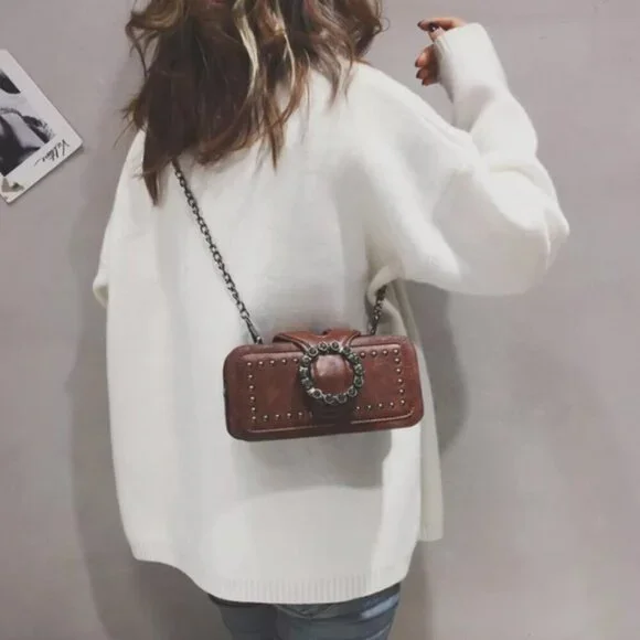 Brown Studded Bag Rhinestone Buckle Chain Crossbody Punk Goth Rocker Purse - Picture 5 of 9